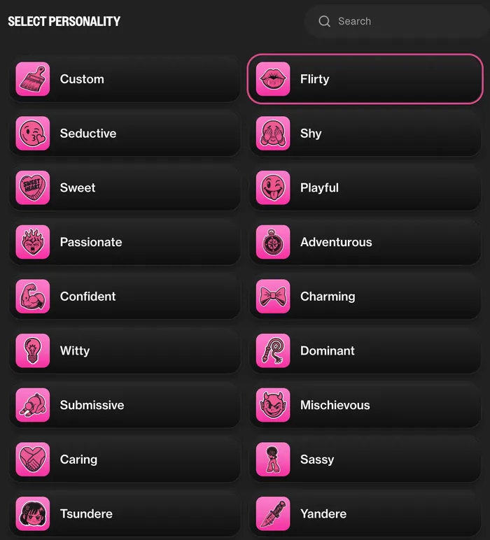 Personality picker: flirty, shy, sweet, playful, confident, witty and more