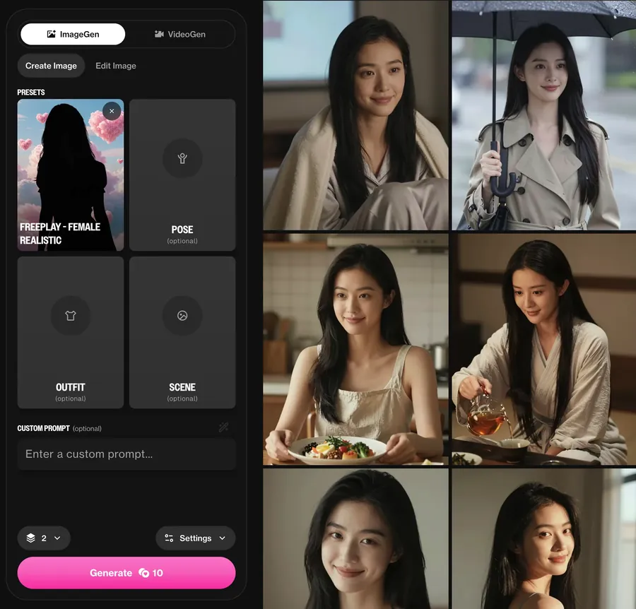Girlfriend AI generator panel with presets for pose, outfit and scene
